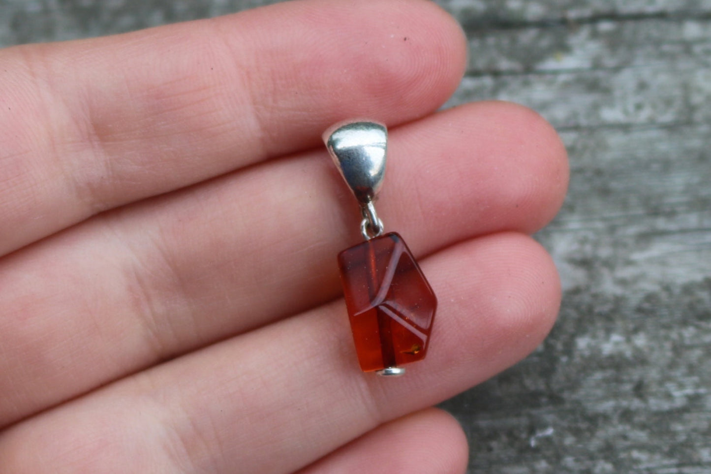 Baltic Amber Cognac Pendant Small Faceted Charm Unisex Jewelry 1" 1.7 gram 925 Silver