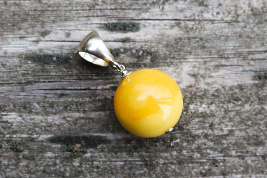 Baltic Amber Pendant Butterscotch Ball Natural Untreated Unisex Jewelry 1.4" 5.6 gram 925 Silver