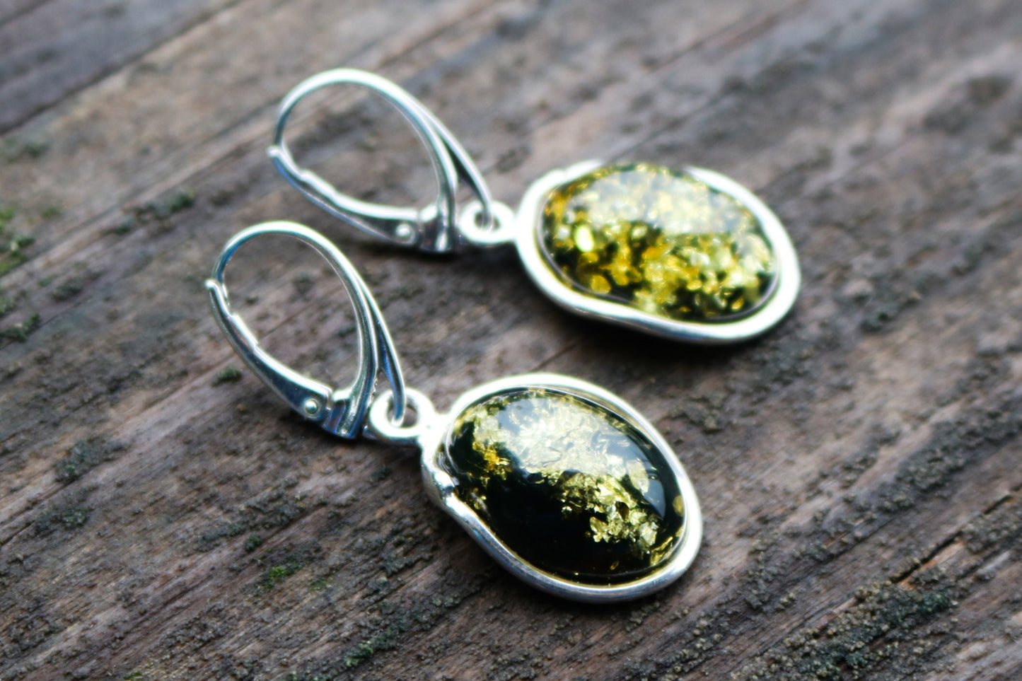 Baltic Amber Green Earrings Drop Sparkling 925 Silver 1.57" 5 gram