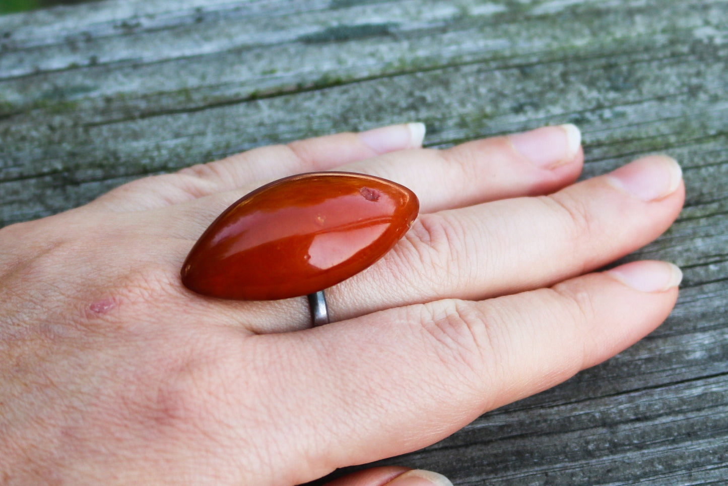 Antique Baltic Amber Red Ring Marquise Poland 1960s size 9 Untreated Natural Jewelry 925 Silver 7.5 gram