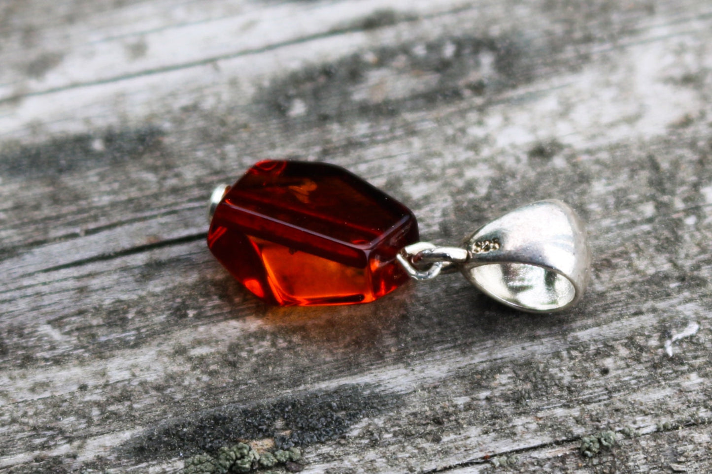 Baltic Amber Cognac Pendant Small Faceted Charm Unisex Jewelry 1" 1.7 gram 925 Silver