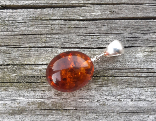 Baltic Amber Egg Pendant Cognac Unisex Jewelry 1.34" 3.5 gram 925 Silver