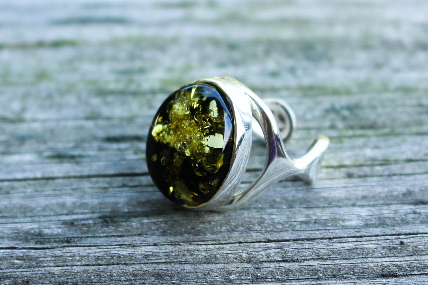 Baltic Amber Ring Green Oval Adjustable Sparkling Jewelry 925 Silver 12.2 gram