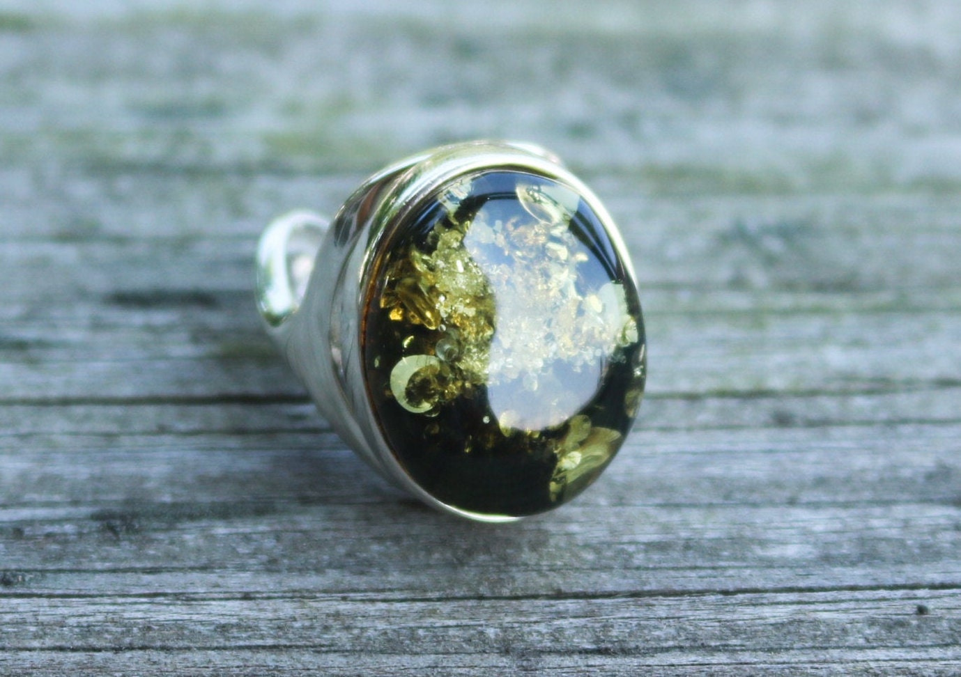 Baltic Amber Ring Green Oval Adjustable Sparkling Jewelry 925 Silver 12.2 gram