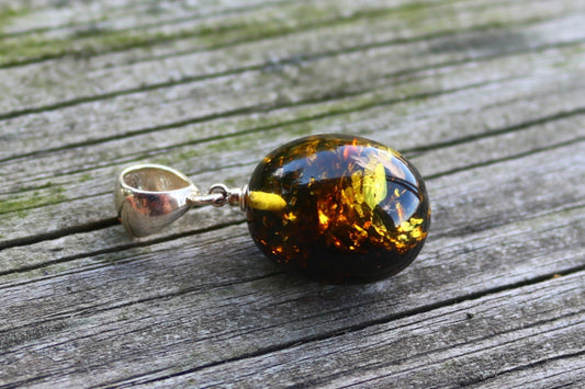 Baltic Amber Egg Pendant Green Natural Unisex Jewelry 1.31" 3.4 gram 925 silver