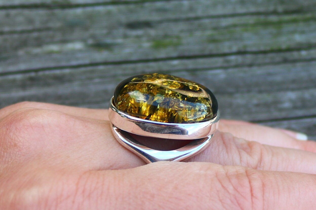 Baltic Amber Green Ring Oval Adjustable Sparkling Natural 925 Silver 13.1 gram