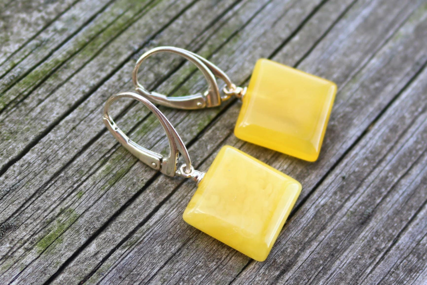 Baltic Amber Earrings Butterscotch Milky Natural Dangling Square Jewelry 1.39" 3.3 gram 925 Silver