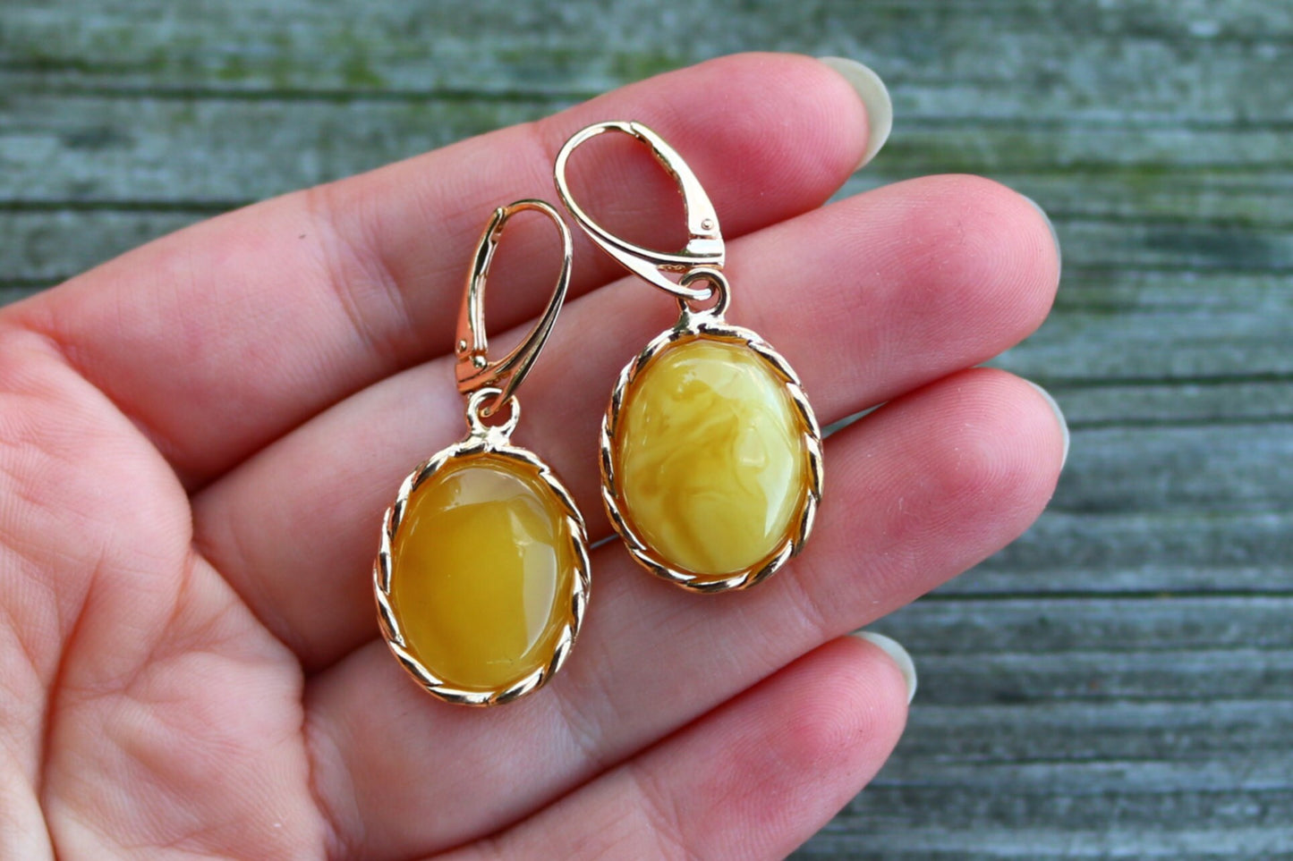 Baltic Amber Earrings Antique Butterscotch Yolk Gold Plated Jewelry 1.6" 7.2 gram 925 Silver