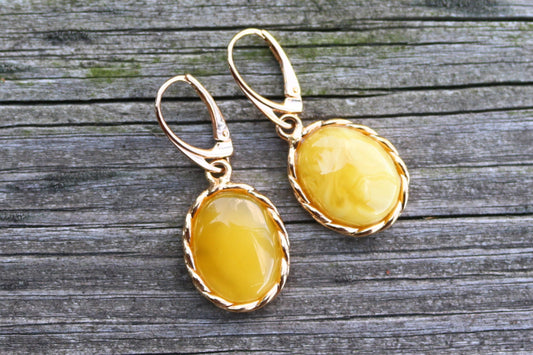 Baltic Amber Earrings Antique Butterscotch Yolk Gold Plated Jewelry 1.6" 7.2 gram 925 Silver