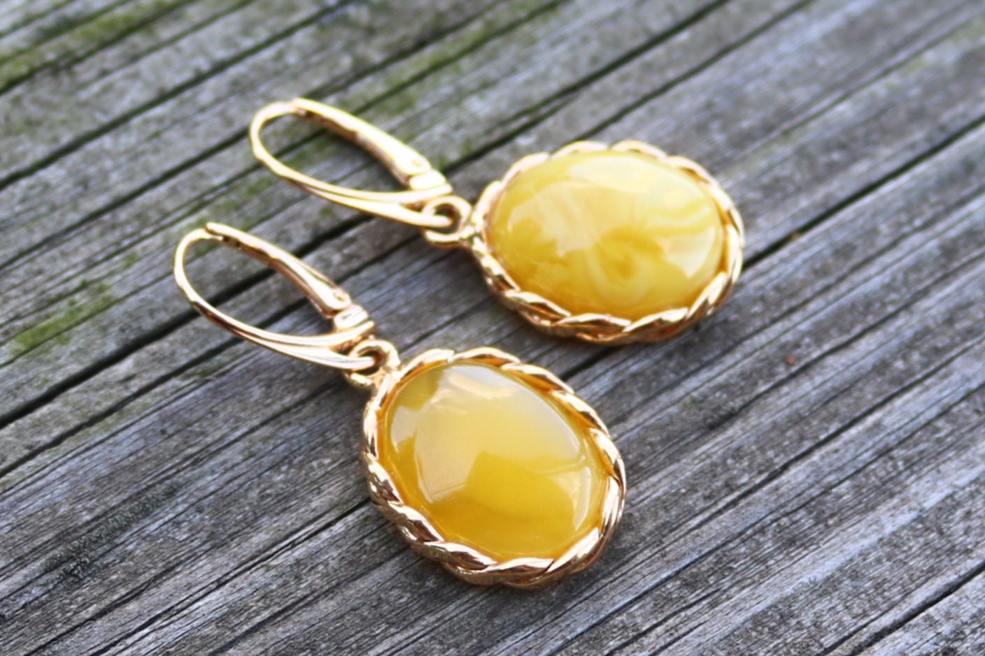 Baltic Amber Earrings Antique Butterscotch Yolk Gold Plated Jewelry 1.6" 7.2 gram 925 Silver