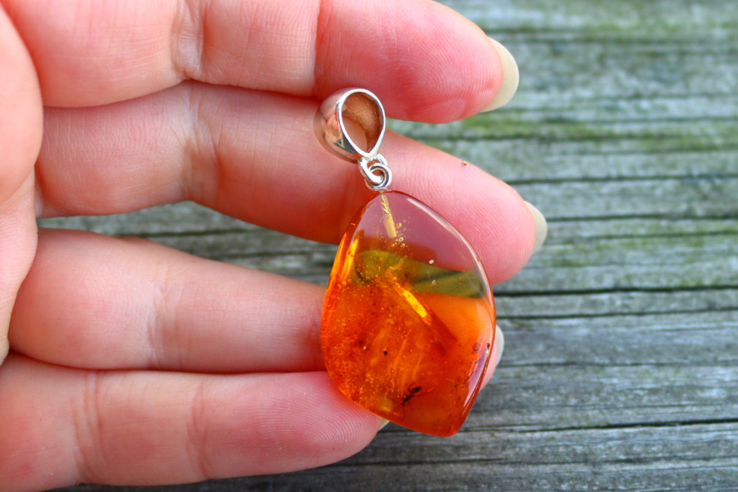 Baltic Amber Pendant Fossil Insect Ant Natural Honey Unisex Jewelry 1.8" 3.8 gram 925 silver