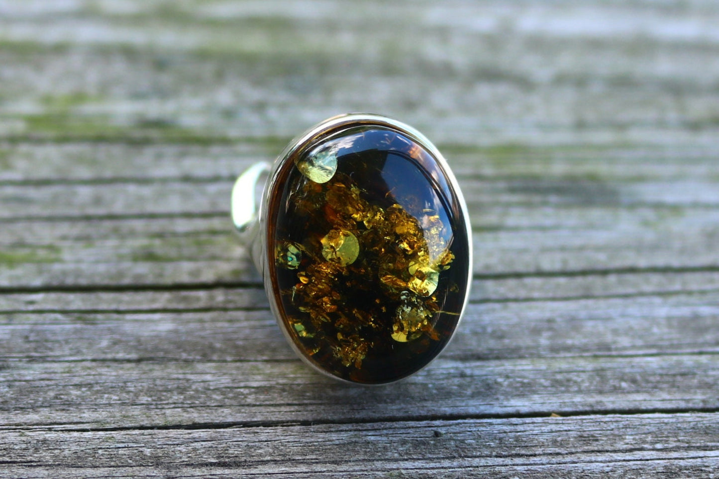 Baltic Amber Green Ring Oval Adjustable Sparkling Natural 925 Silver 13.1 gram