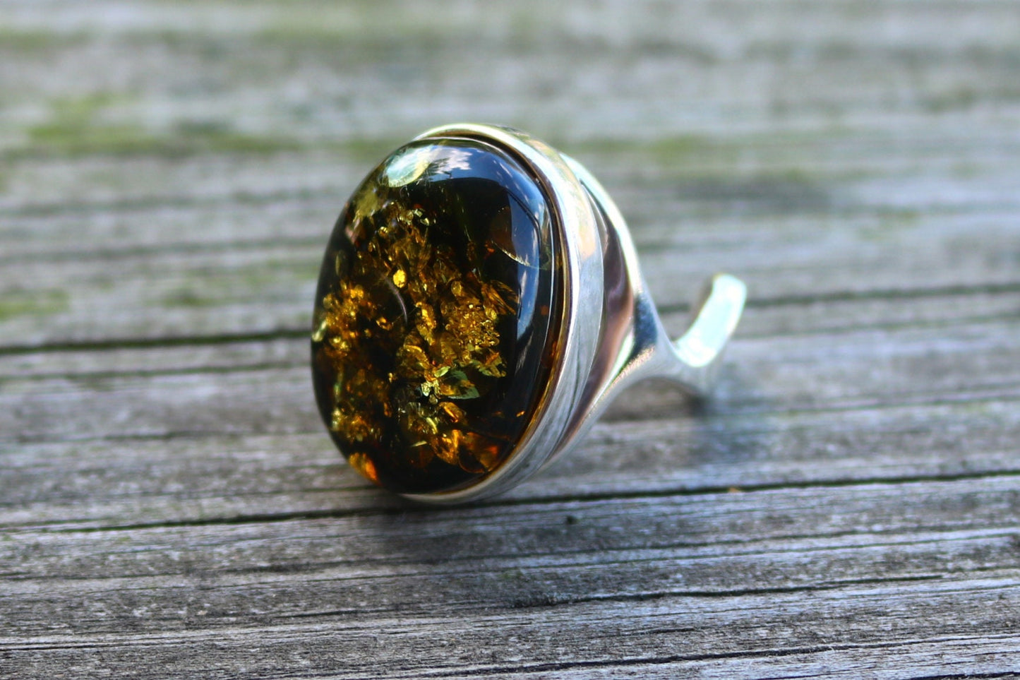 Baltic Amber Green Ring Oval Adjustable Sparkling Natural 925 Silver 13.1 gram