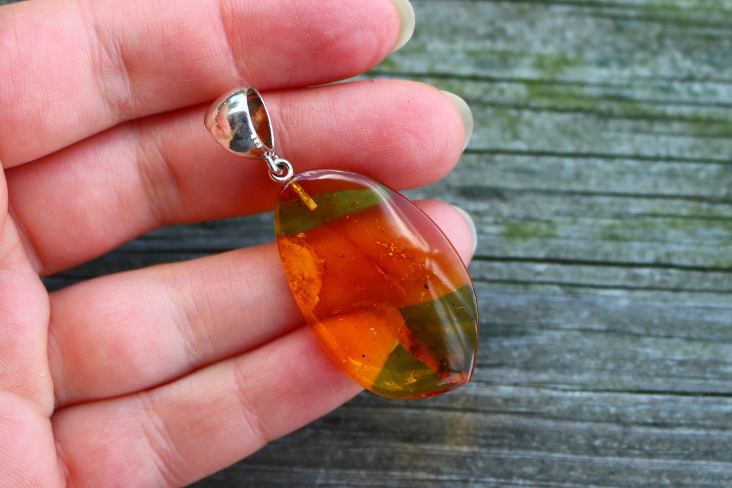 Baltic Amber Pendant Fossil Insect Natural Honey Unisex Jewelry 2.1" 5 gram 925 silver