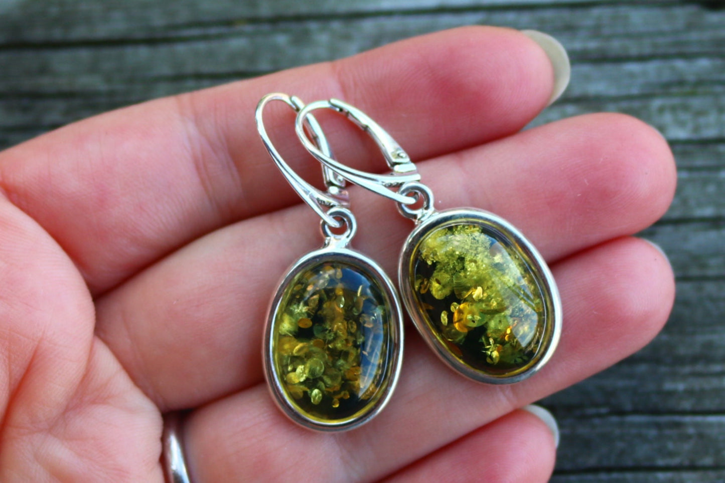 Baltic Amber Green Earrings Drop Sparkling 925 Silver 1.65" 8.1 gram