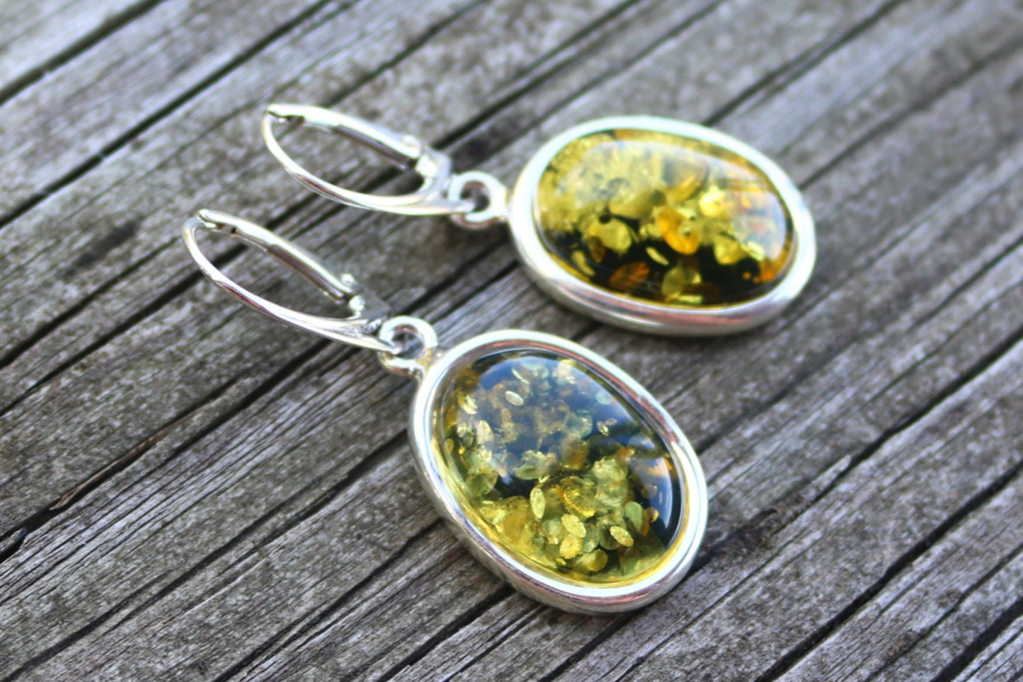 Baltic Amber Green Earrings Drop Sparkling 925 Silver 1.65" 8.1 gram