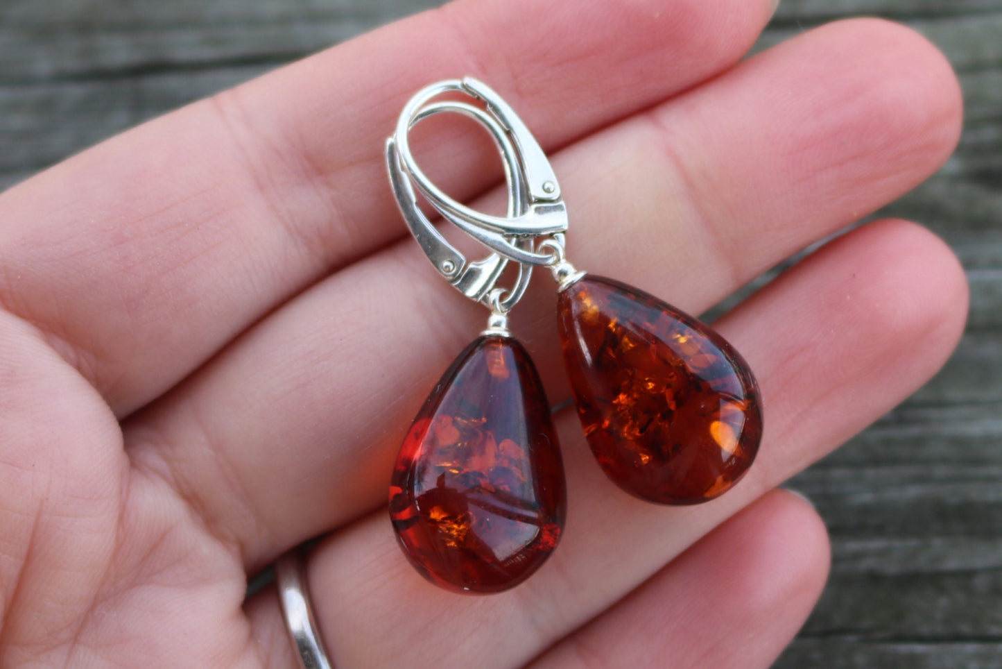 Baltic Amber Earrings Drop Cognac Pear Shape Sparkling Jewelry 1.59" 925 silver