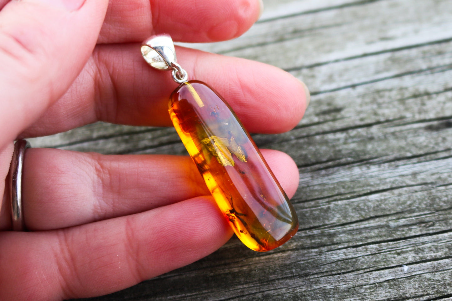 Baltic Amber Pendant Fossil Insect Mosquito Natural Honey Unisex Jewelry 2.1" 4.1 gram 925 silver