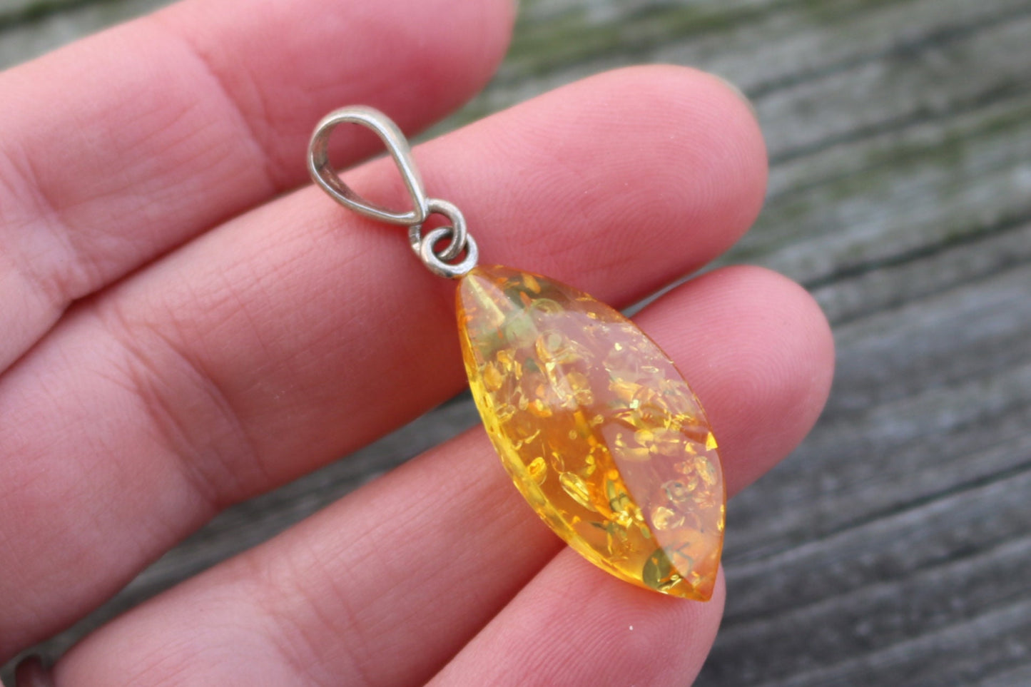 Baltic Amber Pendant Yellow Lemon Faceted Cloudy Jewelry Unisex 1.7" 2.6 gram 925 Silver