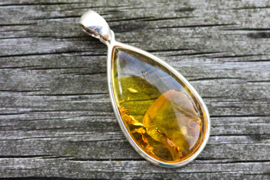 Baltic Amber Pendant Yellow Transparent Drop Raw Natural Unisex Jewelry 2.7" 14.7 gram 925 Silver