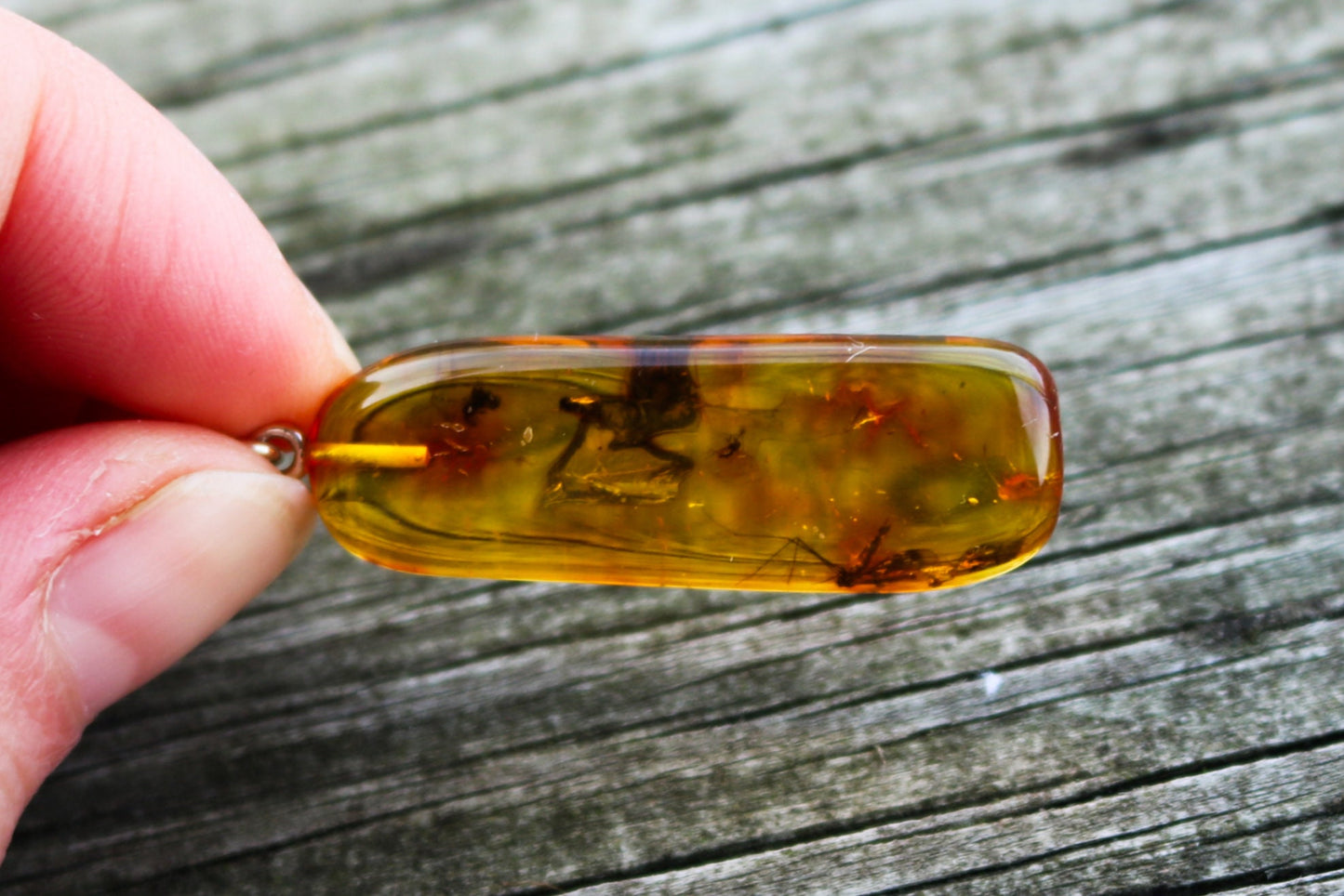 Baltic Amber Pendant Fossil Insect Mosquito Natural Honey Unisex Jewelry 2.1" 4.1 gram 925 silver