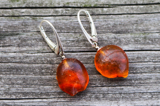 Baltic Amber Earrings Nodule Drops Untreated Natural Jewelry 1.4" 3.5 gram  925 Silver