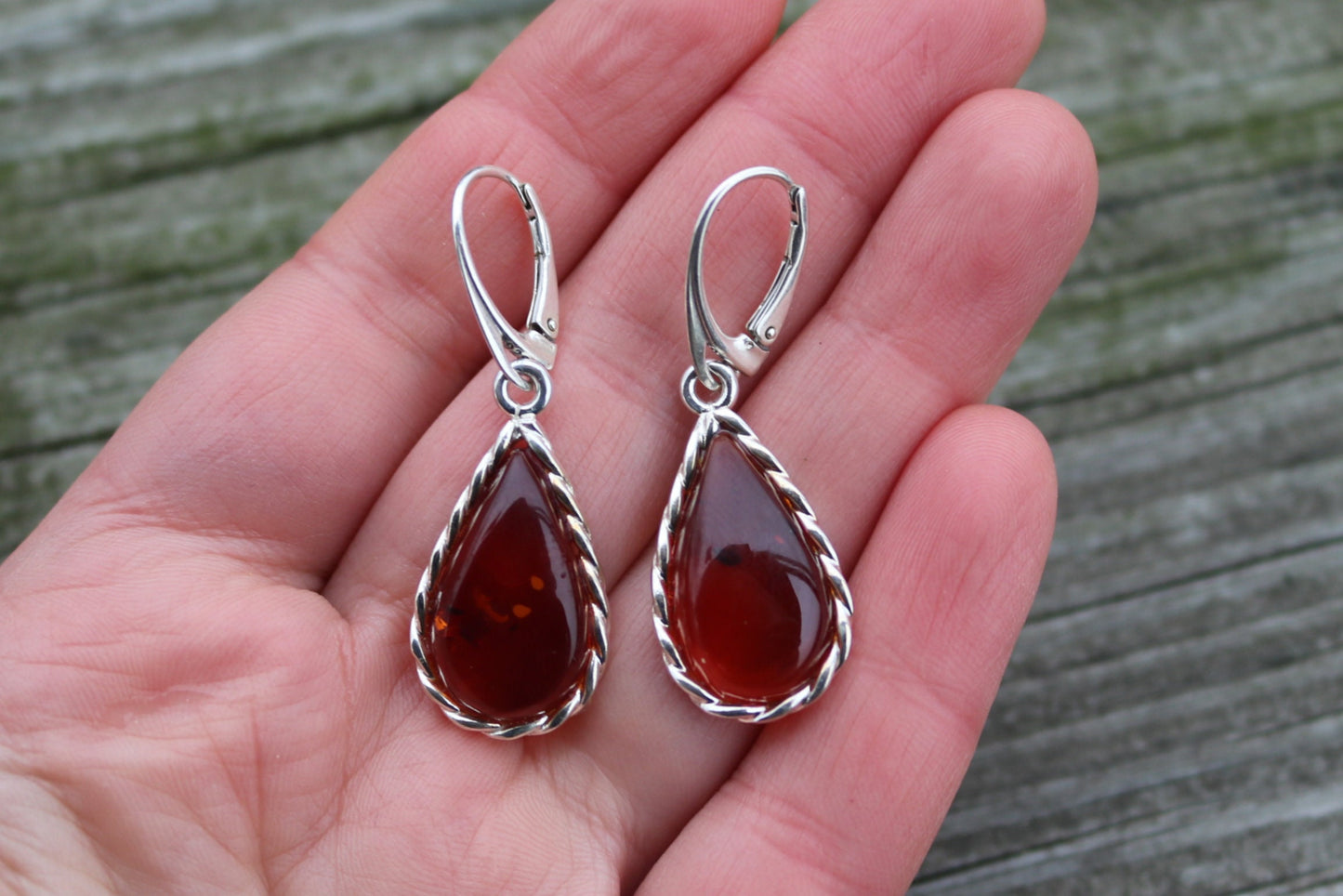 Baltic Amber Earrings Cherry Natural Dangling Drops Jewelry 1.7" 5.5 gram 925 Silver