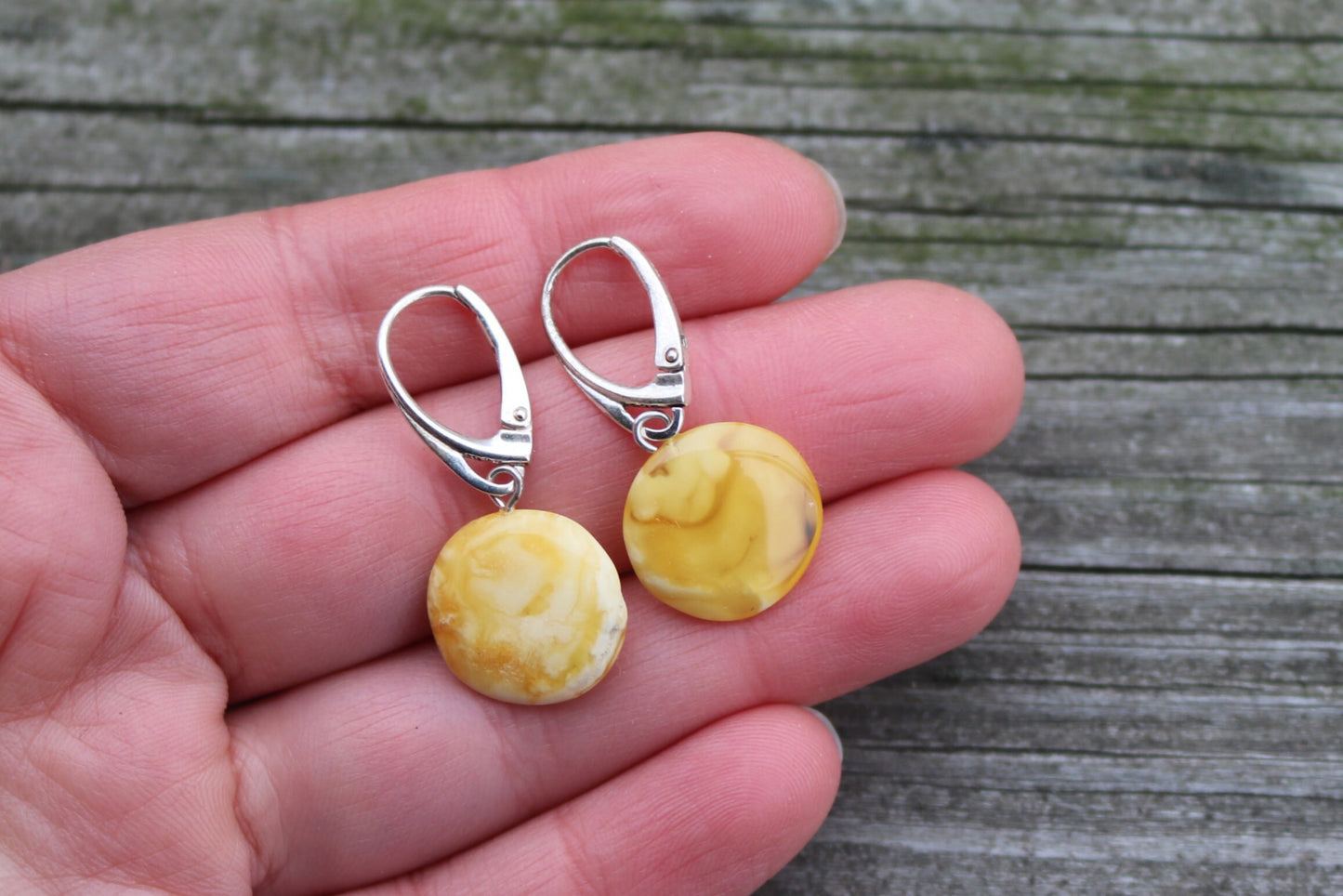 Baltic Amber Earrings Disc Butterscotch Yolk Natural Jewelry 1.15" 2.4 gram 925 Silver