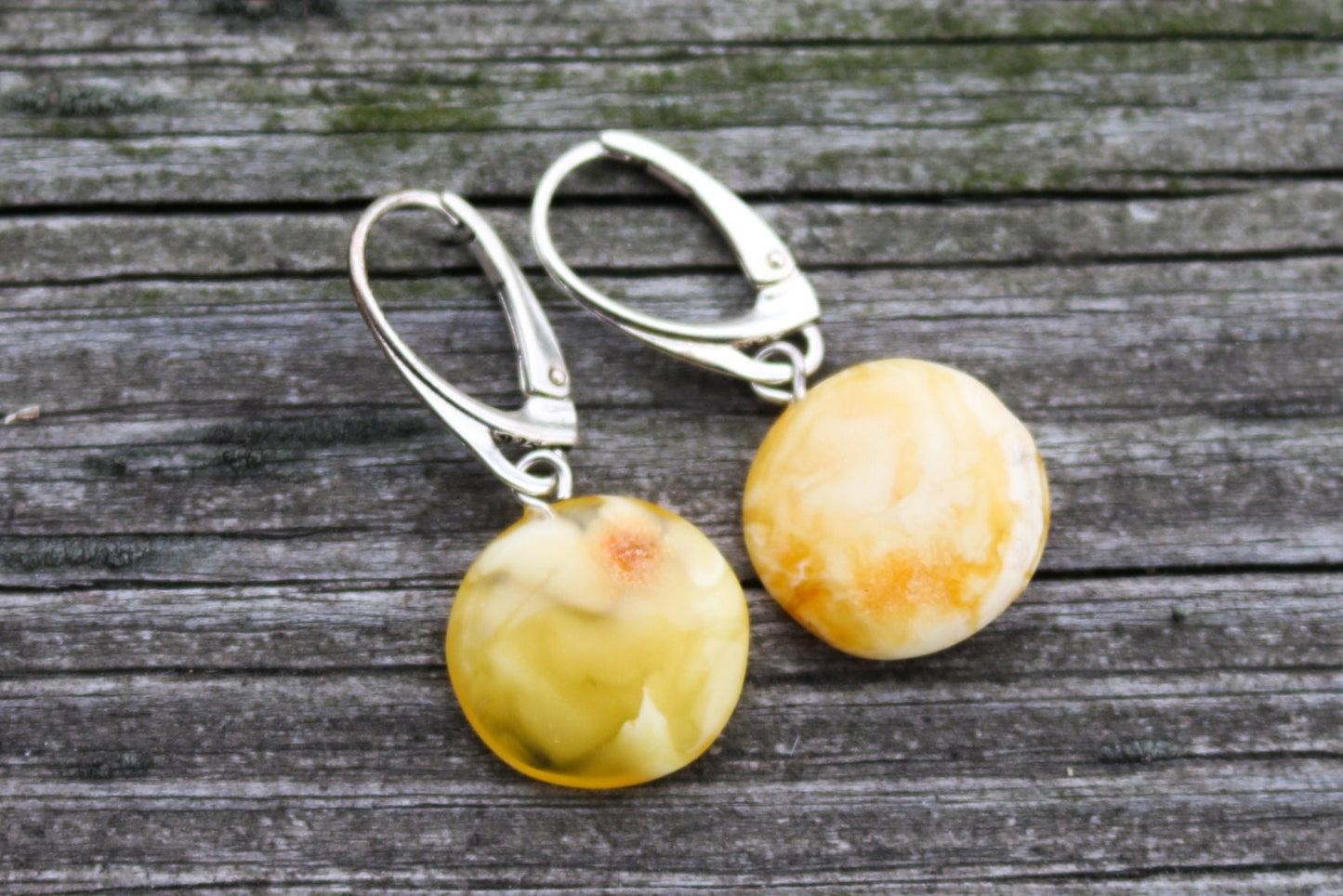 Baltic Amber Earrings Disc Butterscotch Yolk Natural Jewelry 1.15" 2.4 gram 925 Silver