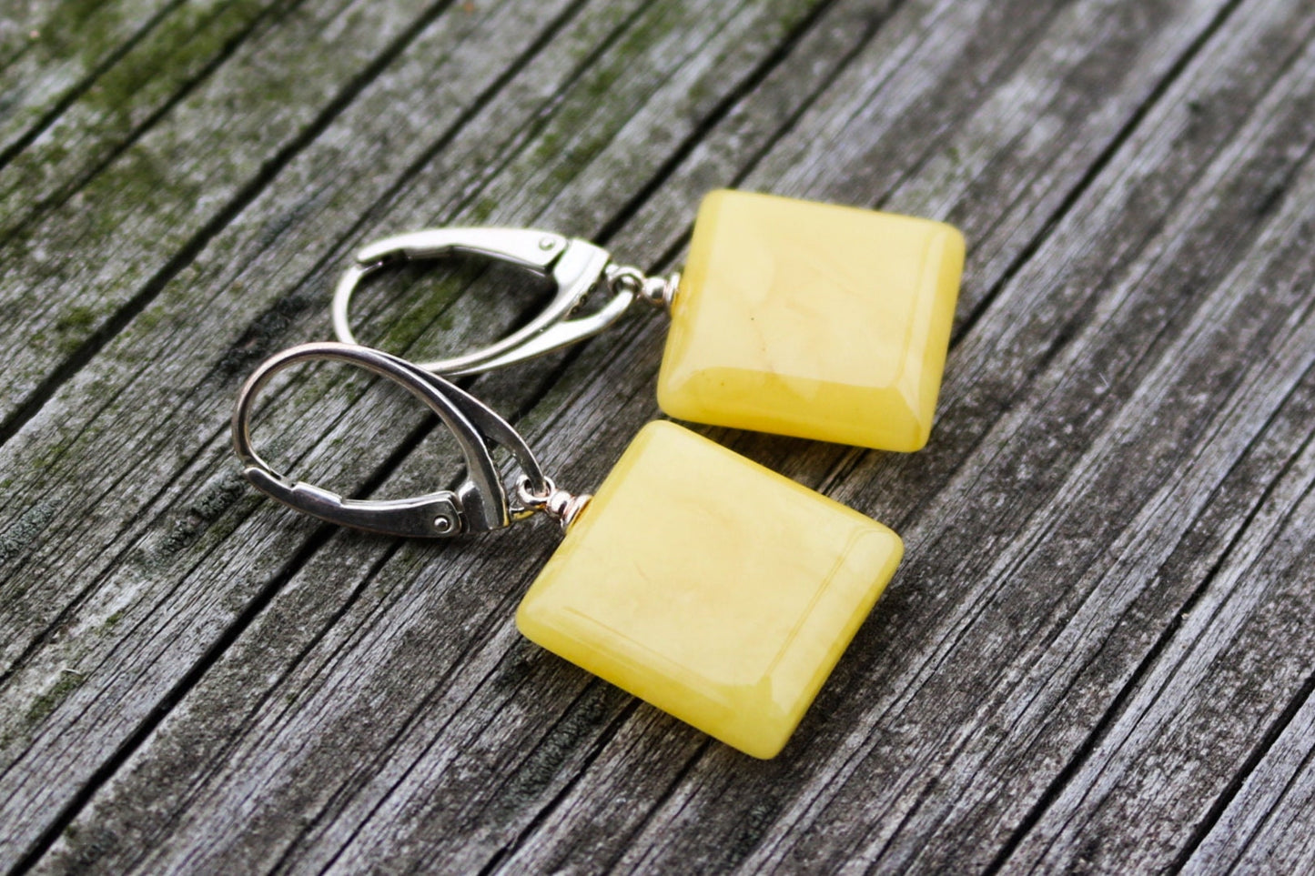 Baltic Amber Earrings Butterscotch Square Natural 1.42" 925 silver 3.7 gram