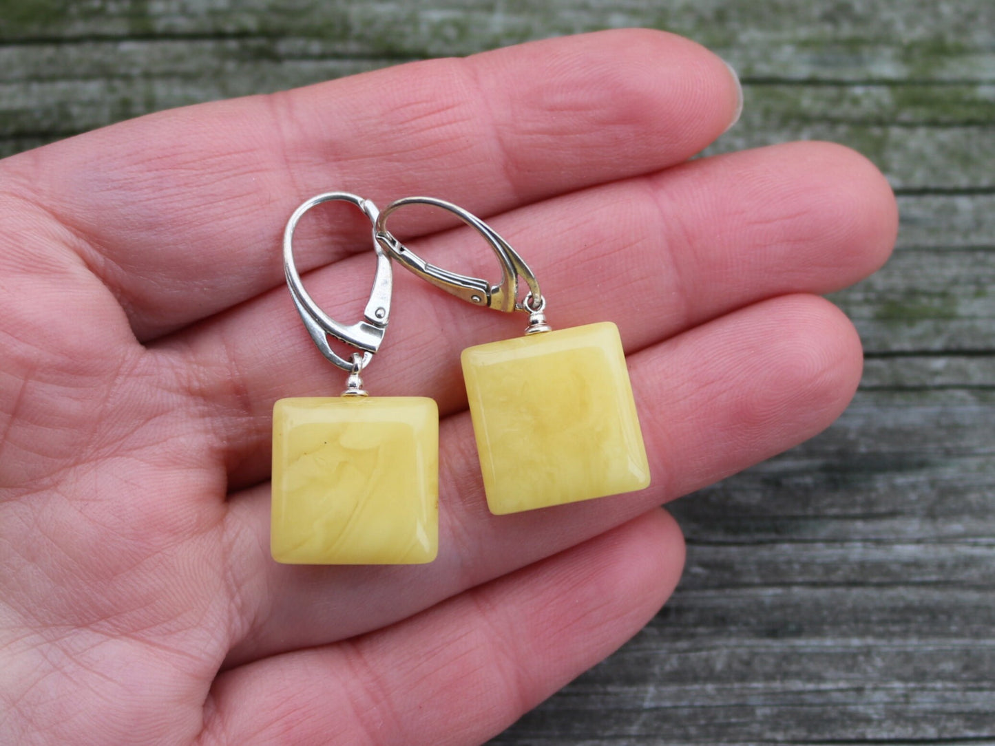 Baltic Amber Earrings Butterscotch Square Natural 1.42" 925 silver 3.7 gram