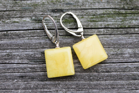 Baltic Amber Earrings Butterscotch Square Natural 1.42" 925 silver 3.7 gram