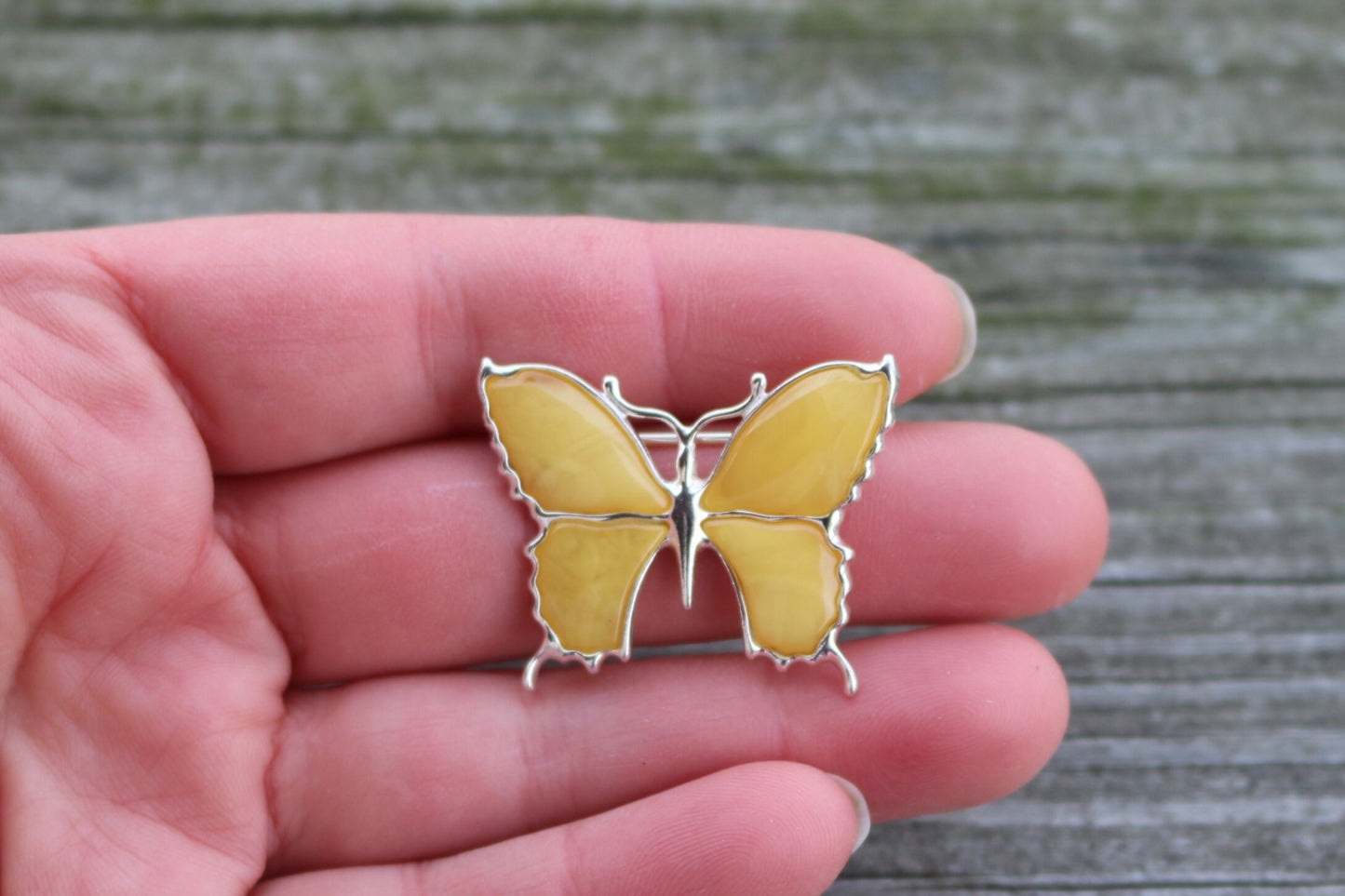 Baltic Amber Butterfly Pin Brooch Butterscotch Milky Natural Untreated Jewelry 925 Silver