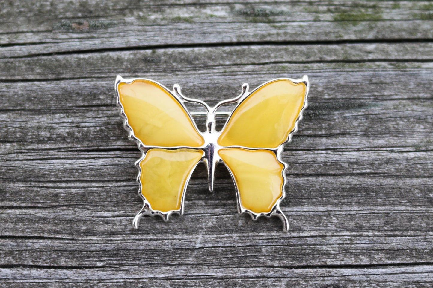 Baltic Amber Butterfly Pin Brooch Butterscotch Milky Natural Untreated Jewelry 925 Silver