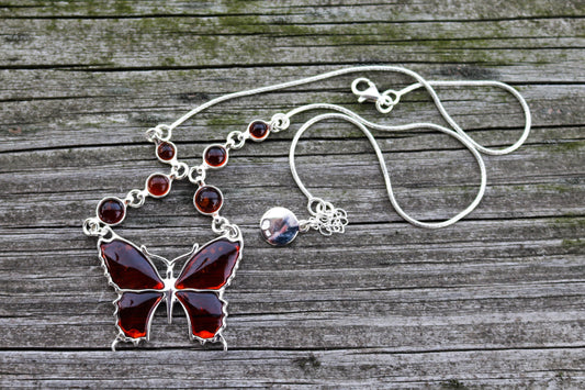 Baltic Amber Butterfly Necklace Chain Cherry Adjustable Natural Jewelry 16.5 - 18" 925 Silver