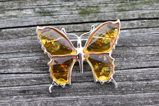 Baltic Amber Butterfly Pin Brooch Honey Jewelry Natural 925 Silver