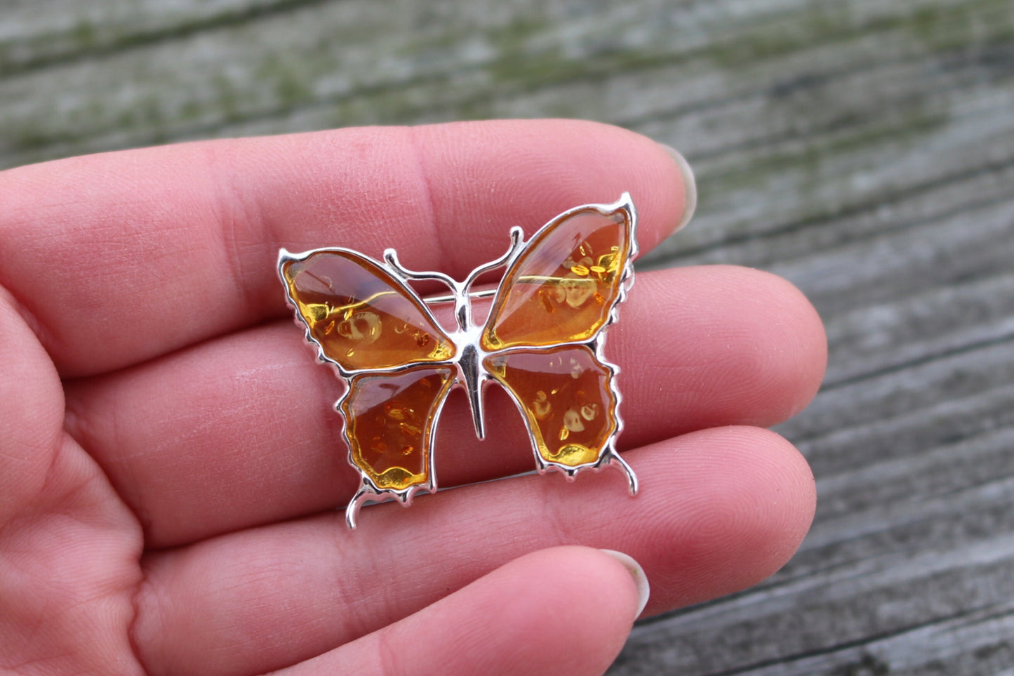 Baltic Amber Butterfly Pin Brooch Honey Jewelry Natural 925 Silver