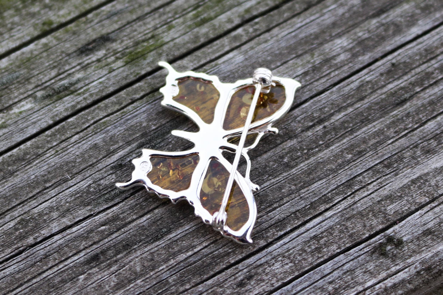 Baltic Amber Butterfly Pin Brooch Honey Jewelry Natural 925 Silver