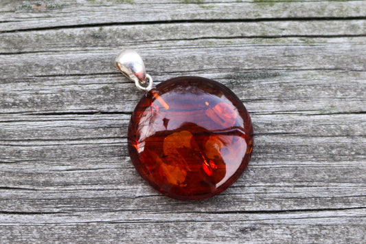 Baltic Amber Pendant Cognac Round Sparkling Unisex 1.44" 12.1 gram 925 Silver