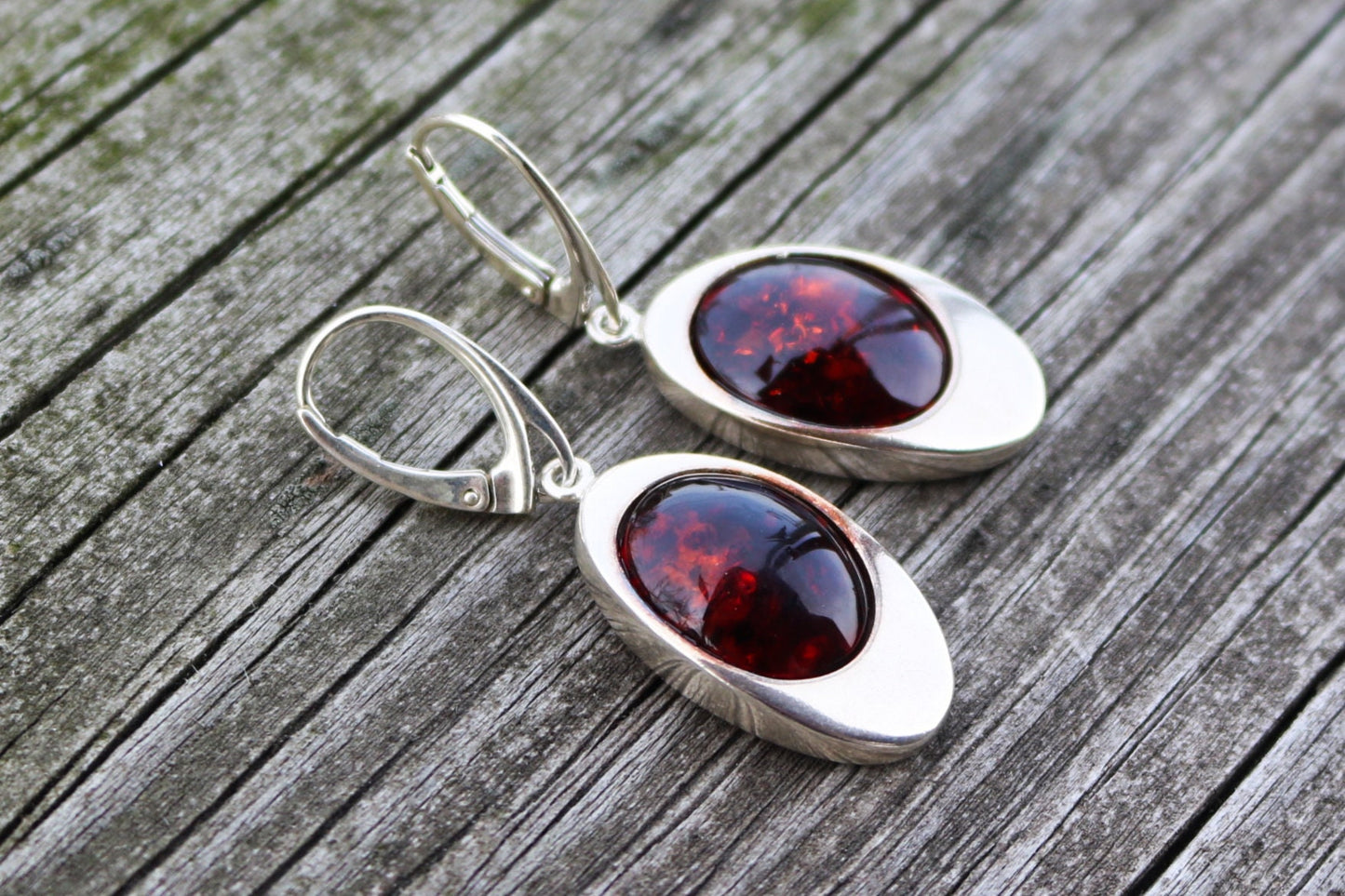 Baltic Amber Earrings Cherry Dangling Natural Oval 1.7" 8.7 gram 925 Silver