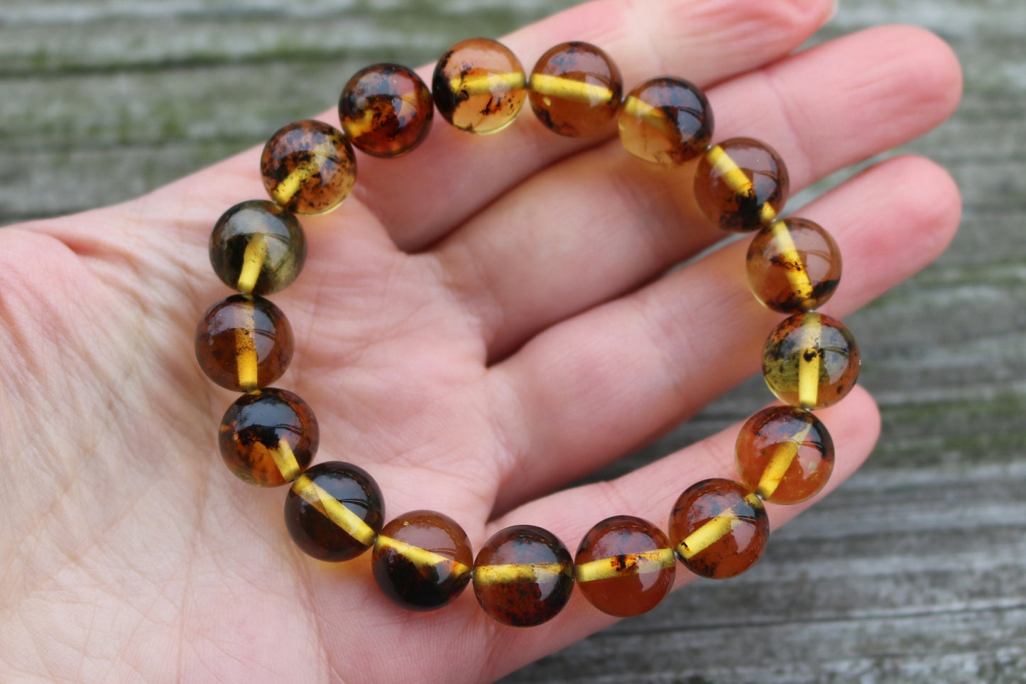 Baltic Amber Bracelet Green Balls Inclusions Natural Unisex 7.5" 12 mm 15 gram