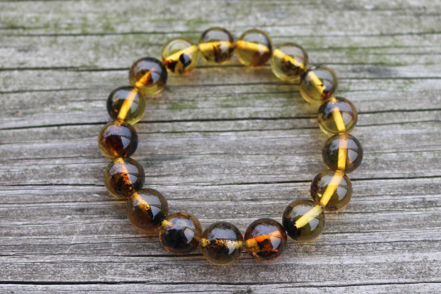 Baltic Amber Bracelet Green Balls Inclusions Natural Unisex 7.5" 12 mm 15 gram