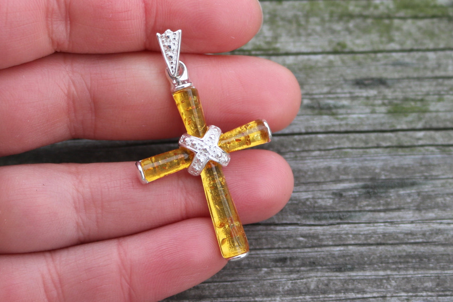 Baltic Amber Cross Pendant Yellow Natural Unisex Jewelry 1.9" 925 silver