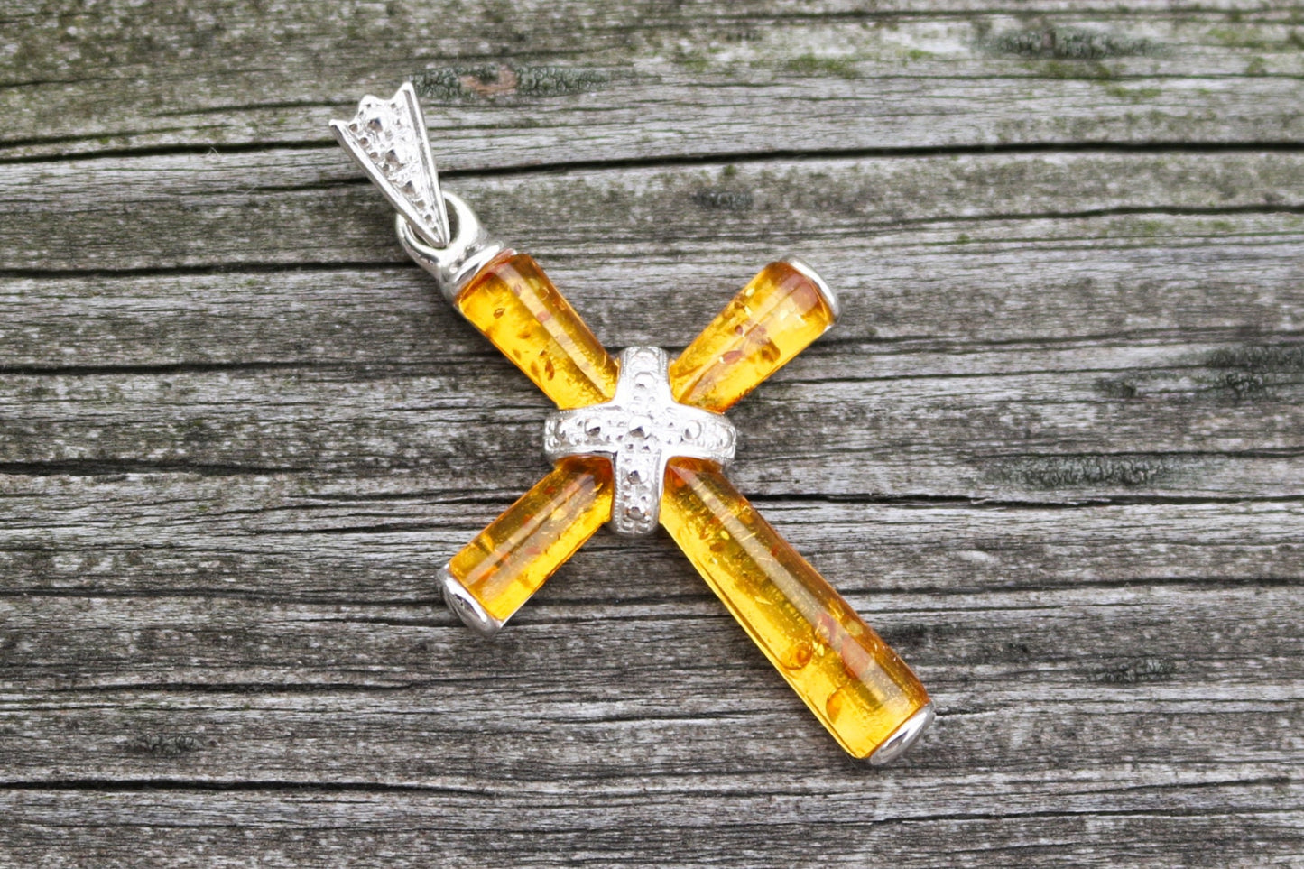 Baltic Amber Cross Pendant Yellow Natural Unisex Jewelry 1.9" 925 silver