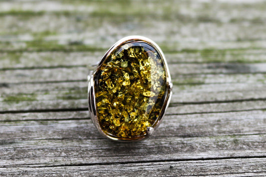 Baltic Amber Green Ring Adjustable Sparkling Jewelry 925 Silver 9.9 gram