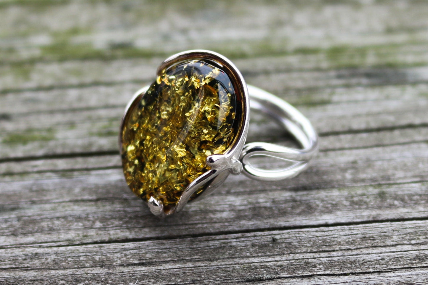 Baltic Amber Green Ring Adjustable Sparkling Jewelry 925 Silver 9.9 gram