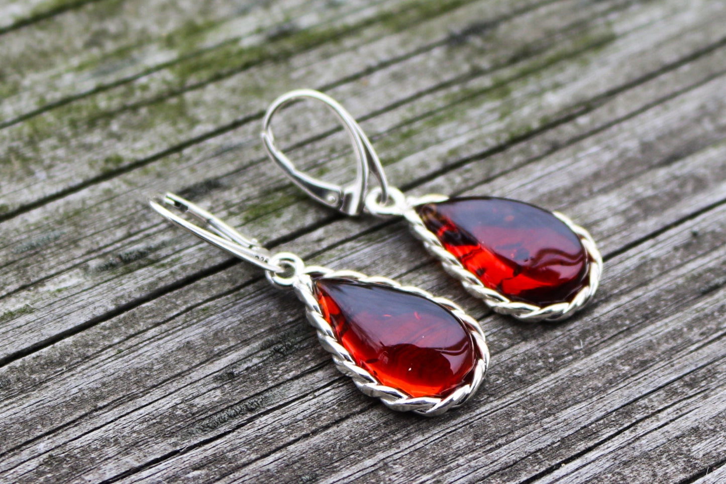 Baltic Amber Earrings Cherry Natural Dangling Drops Jewelry 1.7" 5.5 gram 925 Silver