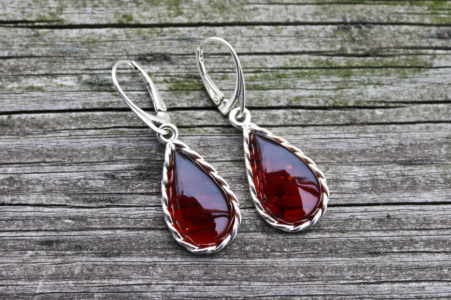 Baltic Amber Earrings Cherry Natural Dangling Drops Jewelry 1.7" 5.5 gram 925 Silver