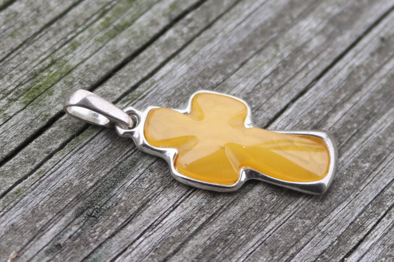 Baltic Amber Cross Pendant Butterscotch Natural Untreated 1.5" 2.2 gram 925 Silver