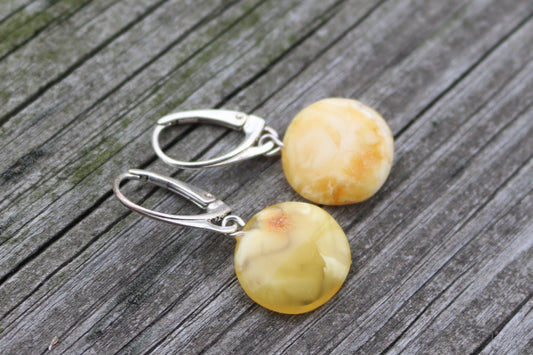 Baltic Amber Earrings Disc Butterscotch Yolk Natural Jewelry 1.15" 2.4 gram 925 Silver